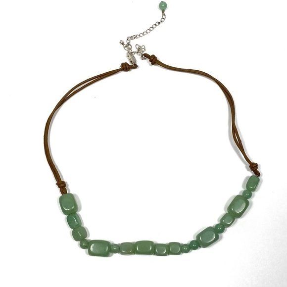 Necklace Jadeite Green Stones Brown Leather 925 Findings 17.5”+4” - Picture 4 of 15